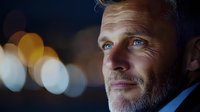 Mature businessman with gray beard and blue eyes gazing thoughtfully into distance against blurred city lights background, portraying leadership and success.
