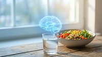 Brain food concept with glowing neural network above healthy salad bowl and water glass on wooden table for cognitive nutrition and mental wellness.