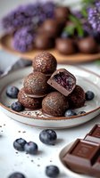 Homemade chocolate truffles with berry filling served on ceramic plate with fresh blueberries and lavender flowers in background.