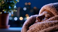 Young Asian woman sleeping peacefully wrapped in cozy sherpa blanket against blurred city lights and bokeh background at night, creating serene atmosphere.