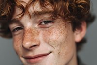 Close-up portrait of young Caucasian male with curly auburn hair and prominent freckles smiling gently against neutral gray background.