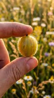Close-up of a hand holding a fuzzy poppy seed pod in a blooming wildflower meadow with yellow and white flowers in soft focus background.