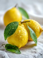 Fresh lemons with water droplets on vibrant green leaves, arranged on light linen fabric for food photography and healthy lifestyle content.