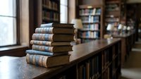 Stack of vintage hardcover books with decorative spines arranged on wooden desk in library setting with bookshelves and window light.
