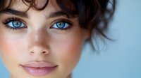Young woman with striking blue eyes and natural freckles showcasing fresh makeup look with curly brown hair against soft blue background for beauty campaigns.