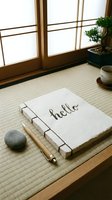 Handmade journal with hello lettering on tatami mat in zen Japanese room with bonsai, stone, and wooden pen for mindfulness concept.