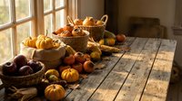Autumn harvest display with pumpkins, gourds and apples in wicker baskets on rustic wooden table by window. Seasonal fall decoration for home interior design.