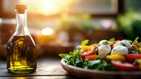 Fresh Mediterranean salad with mozzarella, tomatoes and olive oil bottle in warm sunlight, selective focus on wooden table background for food blogs.