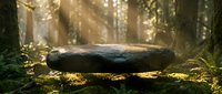 Moss-covered fallen log in enchanted forest with golden sunlight streaming through trees creating magical atmosphere for nature and outdoor adventure concepts.