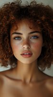 Close up portrait of young mixed race woman with natural curly red hair, bright blue eyes and freckles looking at camera against light background.