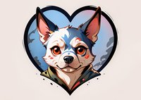 Smiling chihuahua dog portrait in heart shape frame with blue background, cartoon style character design for stickers, prints and merchandise.