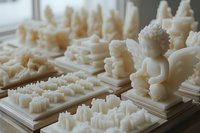 White architectural models and figurine prototypes displayed on platforms showcase intricate details and precise craftsmanship in miniature scale. Suitable for design presentations.