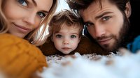 Young family with toddler lying together on soft carpet, close-up portrait showing genuine connection and warmth. Parents in casual attire share tender moment with child.