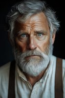 Close-up portrait of mature Caucasian man with gray beard and striking blue eyes against dark background, wearing white shirt and suspenders, dramatic lighting.