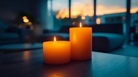 Glowing orange candles creating cozy atmosphere on wooden table at dusk, with blurred window view and warm bokeh lights in background, setting romantic mood.
