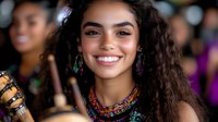 Young Latin woman with curly dark hair and bright smile wearing colorful ethnic necklace and earrings at cultural celebration or festival. Authentic portrait in natural light.
