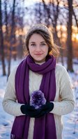 Young Caucasian woman holding amethyst crystal cluster outdoors in snowy winter forest at sunset, wearing knit sweater, purple scarf and gloves.