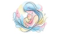 Young mother with blue hair tenderly holding newborn baby in loving embrace surrounded by soft pastel watercolor elements for maternal care designs.