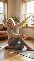 Happy senior Caucasian woman practicing yoga stretching exercises on mat in bright living room with plants for wellness and healthy aging lifestyle.