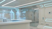 Futuristic medical facility with holographic human anatomy displays, digital interface panels, and neon blue lighting effects in modern healthcare environment.