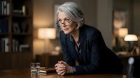 Senior woman with gray hair and glasses wearing dark blazer at desk with water glass, professional office setting with warm lighting.