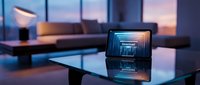 Tablet on glass table in modern living room at dusk, glowing screen showing download interface, city view background, tech lifestyle concept.