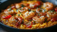 Traditional Spanish paella with saffron rice, grilled shrimp, cherry tomatoes and fresh herbs in cast iron pan, close up view of Mediterranean cuisine.