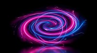 Vibrant neon spiral energy vortex with electric pink and blue glowing trails creating dynamic swirling motion against dark background for futuristic designs.