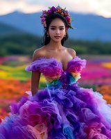 Young Asian woman in vibrant rainbow tulle gown and floral crown poses in colorful flower field at sunset with mountains in background. Fashion portrait with dreamy atmosphere.