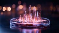 Glowing futuristic cityscape miniature in petri dish with illuminated skyscrapers against dark background with bokeh lights creating magical atmosphere.
