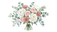 Watercolor wedding bouquet with blush pink roses, white peonies and eucalyptus leaves isolated on white background for bridal design and invitations.
