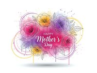 Watercolor floral bouquet with line art leaves and Happy Mother's Day text on white background. Colorful pink purple yellow flowers with elegant typography.