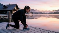 Young woman with dark hair, Caucasian ethnicity, in athletic wear performing stretching exercise on wooden dock at sunrise by misty lake near cabin. Fitness and wellness concept.