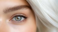 Close up view of blue eye with long eyelashes, natural eyebrow and platinum blonde hair against light background. Professional beauty and cosmetics photography.