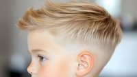 Young Caucasian boy with trendy blonde fade haircut in profile view against blurred background, showcasing modern children's hairstyle and natural lighting.