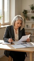 Senior businesswoman reviewing documents at office desk with glasses and pen in bright modern workspace for professional consulting services.