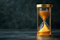 Golden hourglass with flowing sand on dark textured background symbolizing time passage, deadlines, and temporal concepts for business presentations.