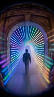 Person walking through futuristic tunnel with colorful neon light rays creating spiral pattern in stone archway for sci-fi and technology concepts.