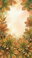 Autumn foliage frame with hand-drawn chestnut leaves and spiky seed pods in warm fall colors surrounding a blank cream center space, ideal for seasonal greeting cards and autumn-themed designs.