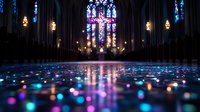 Illuminated stained glass window in gothic cathedral with colorful light reflections on wet floor creating magical atmosphere for spiritual backgrounds.