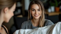 Young Caucasian woman with blonde hair wearing grey sweater smiling warmly during friendly conversation at cafe. Natural lighting creates welcoming atmosphere for lifestyle and business concepts.