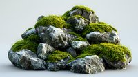 Pile of natural gray stones covered with bright green moss on light background. Zen garden and landscaping composition for natural design elements.