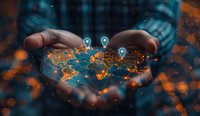 Digital world map with glowing connection points floating above hands, perfect for global business, technology and communication concepts in modern design projects.