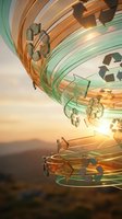 Dynamic recycling symbols swirling in colorful motion blur against sunset sky representing environmental sustainability and circular economy concepts.
