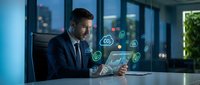 Professional businessman in dark suit analyzing digital data on tablet with holographic cloud computing icons and analytics charts in modern office environment.