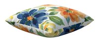 Colorful floral patterned throw pillow with blue, orange, and yellow flowers on white background, isolated for home decor and interior design projects.