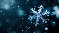 Macro photograph of natural snowflake crystal with intricate symmetrical pattern against dark blue background with bokeh lights and falling snow. Perfect for winter designs.