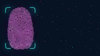 Digital fingerprint scan with neon pink lines and cyan frame on dark starry background for cybersecurity and biometric authentication technology concepts.