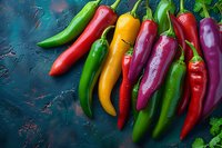Fresh colorful chili peppers with water drops on dark background. Red, green, yellow and purple hot peppers arranged in row. Raw organic vegetables.