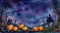 Spooky haunted castle landscape with glowing jack-o-lantern pumpkins, bare trees, and gravestones under a dark purple twilight sky for seasonal decorations.